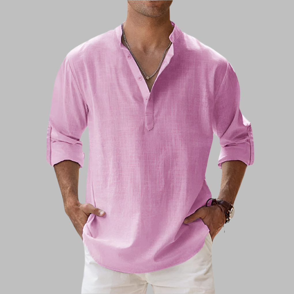 Men's Linen Blend Henley Shirt - Long Sleeve Stand Collar