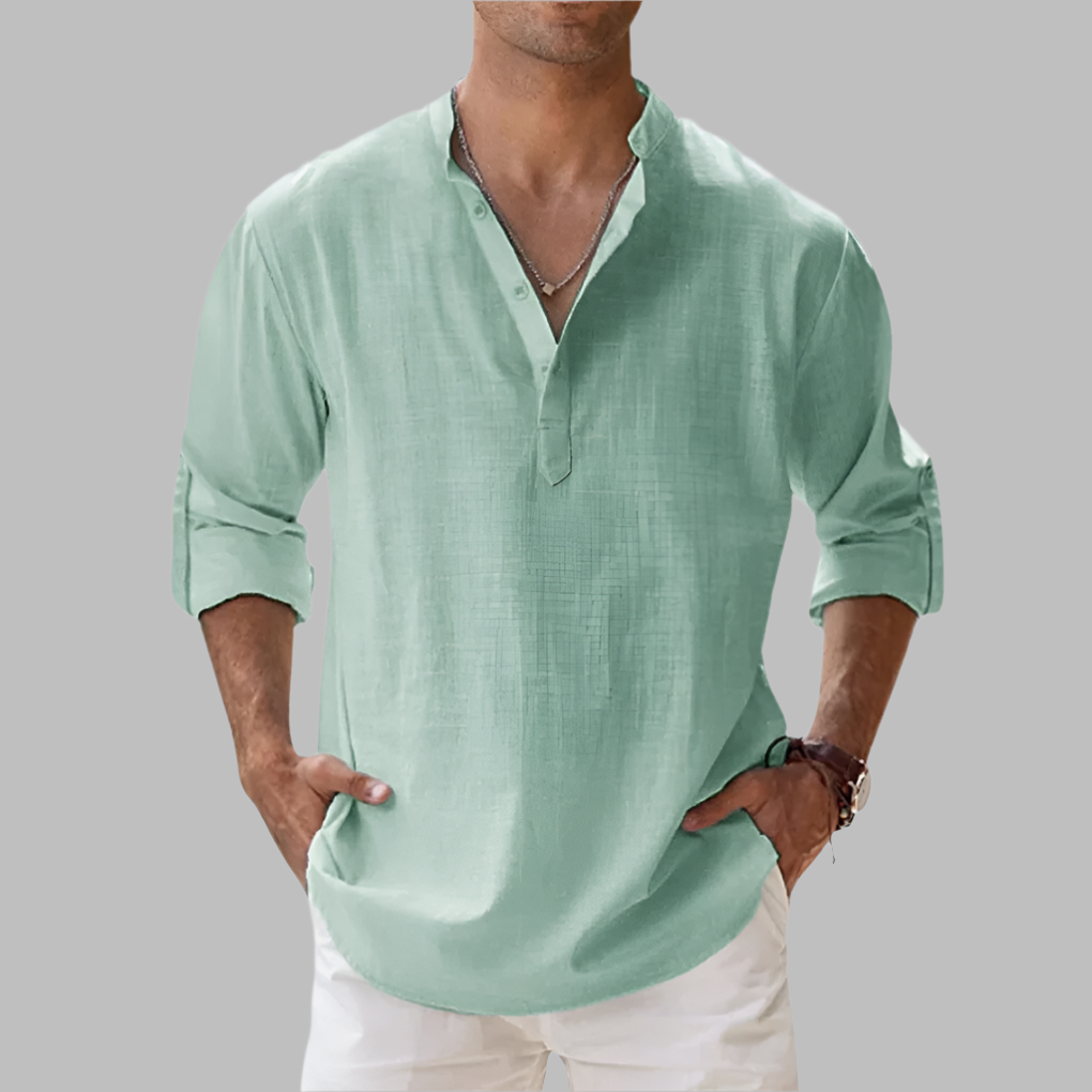 Men's Linen Blend Henley Shirt - Long Sleeve Stand Collar
