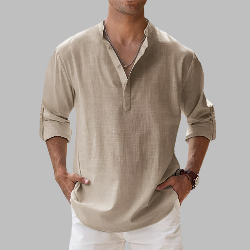 Men's Linen Blend Henley Shirt - Long Sleeve Stand Collar