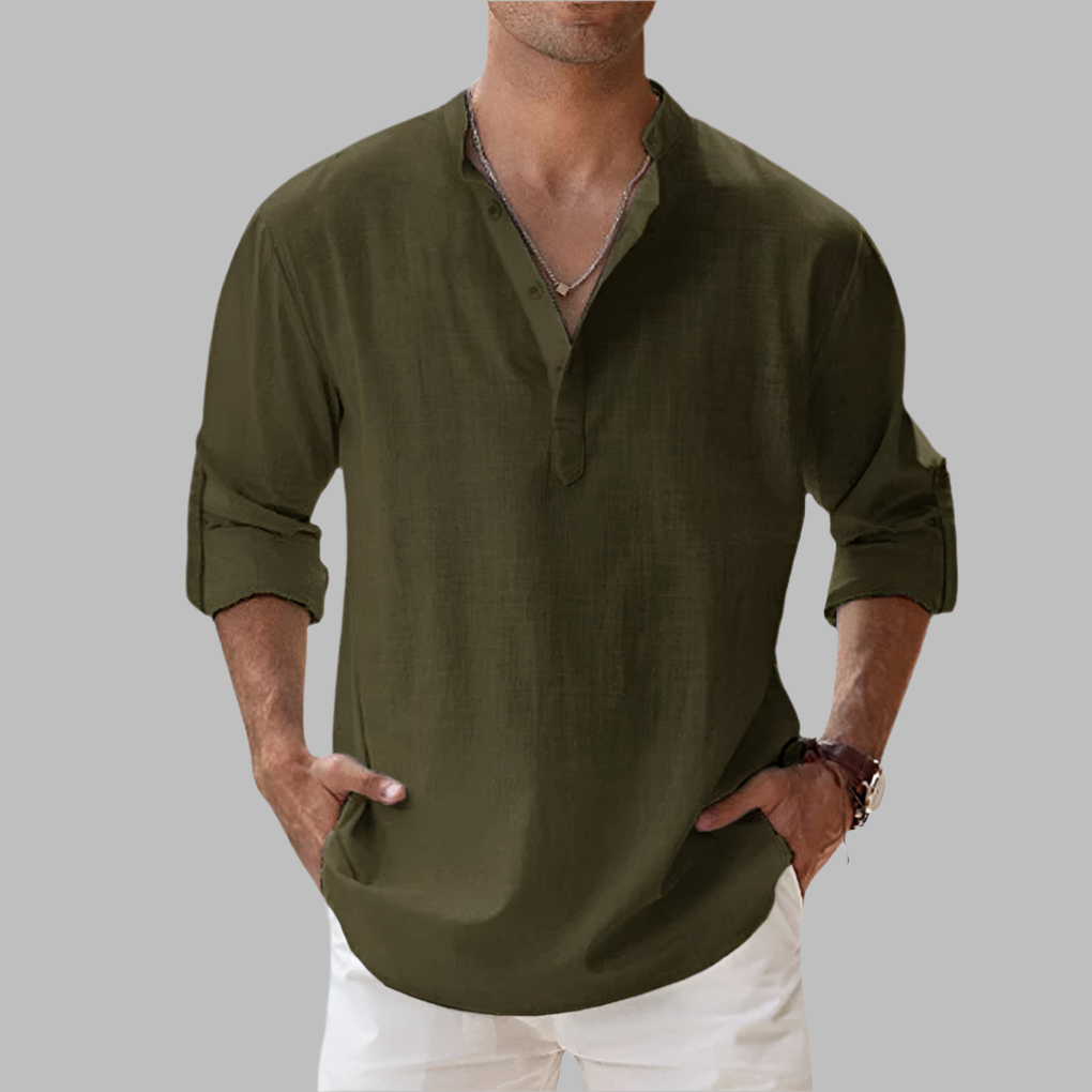Men's Linen Blend Henley Shirt - Long Sleeve Stand Collar