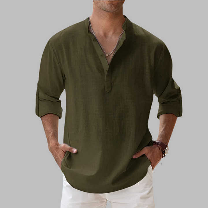 Men's Linen Blend Henley Shirt - Long Sleeve Stand Collar