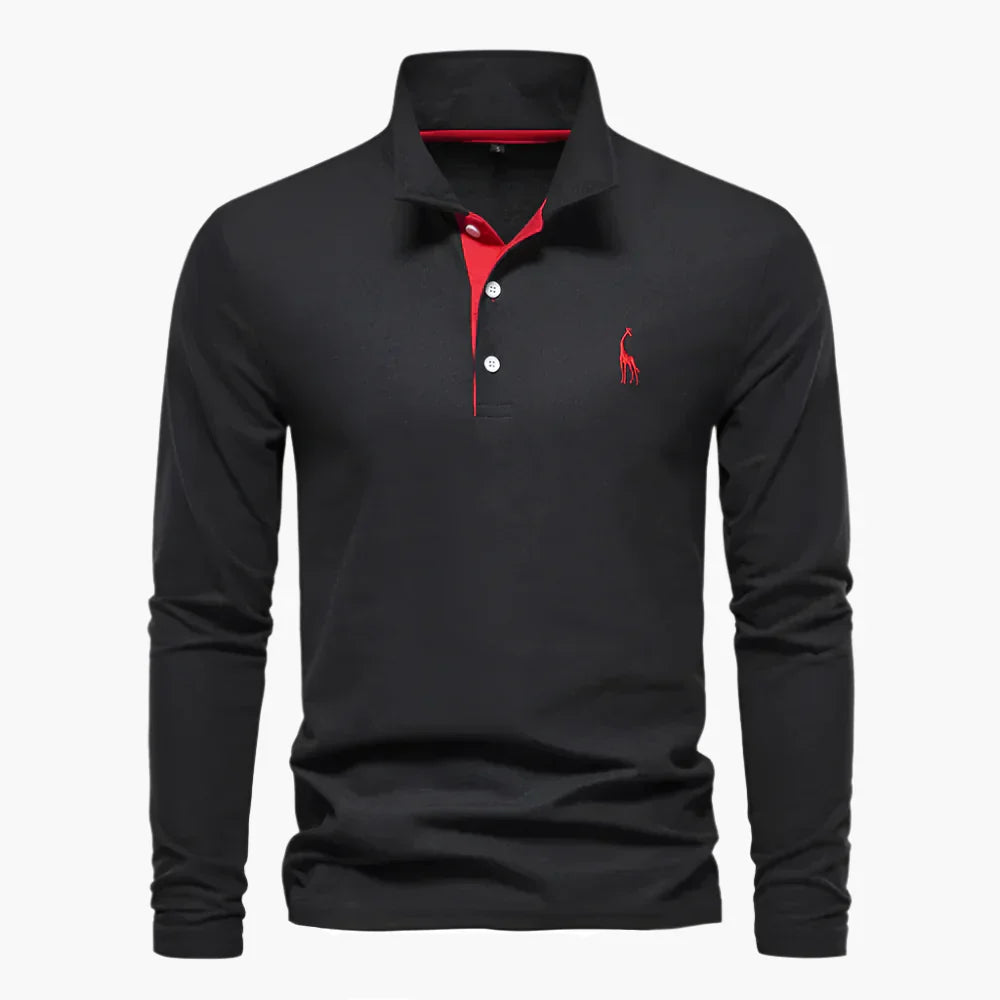 Men's Long Sleeve Polo Shirt - 3 Button Placket Embroidered Motif