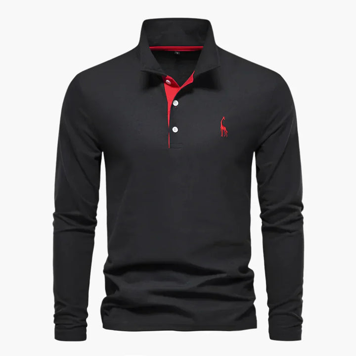 Men's Long Sleeve Polo Shirt - 3 Button Placket Embroidered Motif