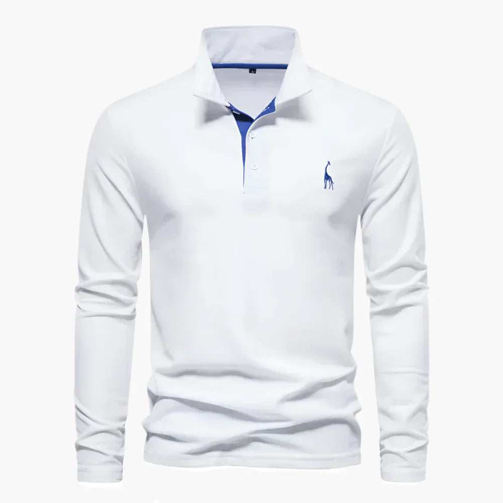 Men's Long Sleeve Polo Shirt - 3 Button Placket Embroidered Motif