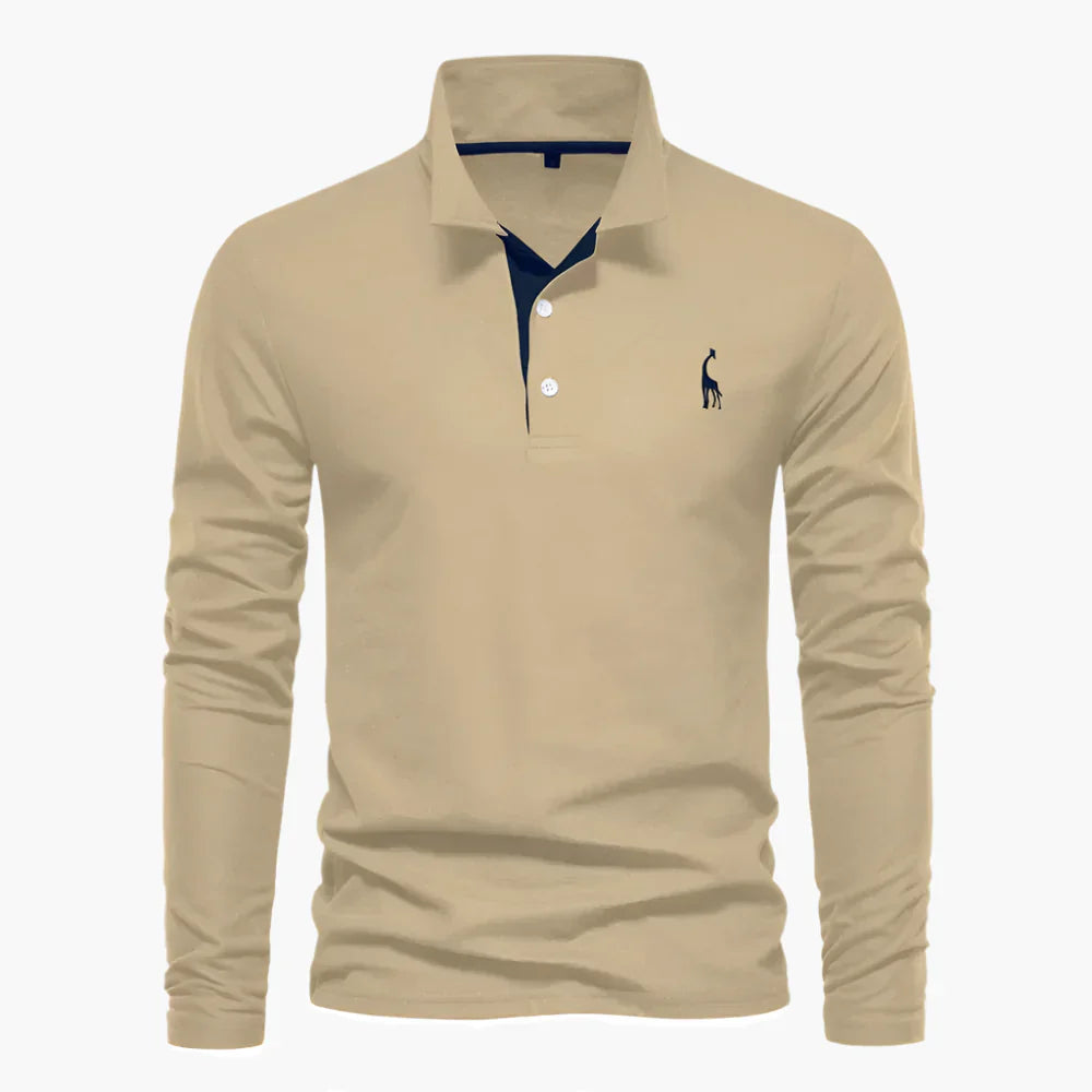 Men's Long Sleeve Polo Shirt - 3 Button Placket Embroidered Motif