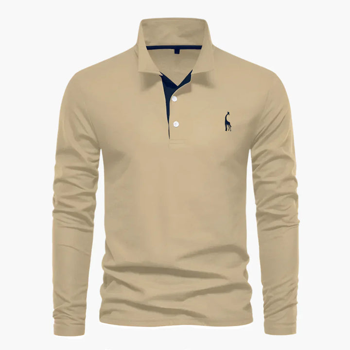 Men's Long Sleeve Polo Shirt - 3 Button Placket Embroidered Motif