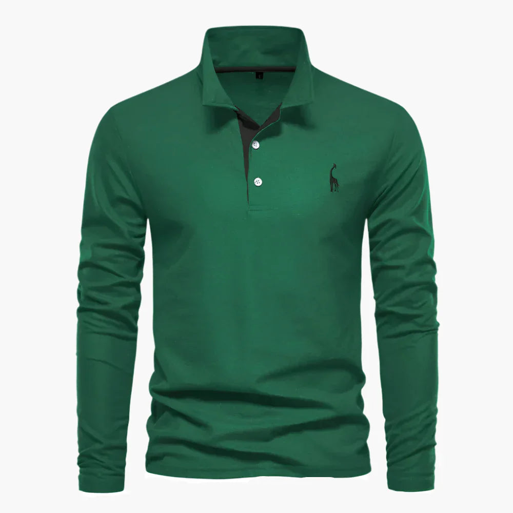 Men's Long Sleeve Polo Shirt - 3 Button Placket Embroidered Motif
