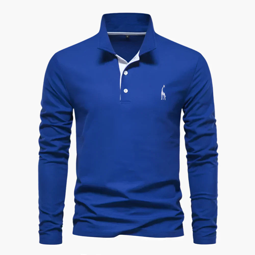 Men's Long Sleeve Polo Shirt - 3 Button Placket Embroidered Motif