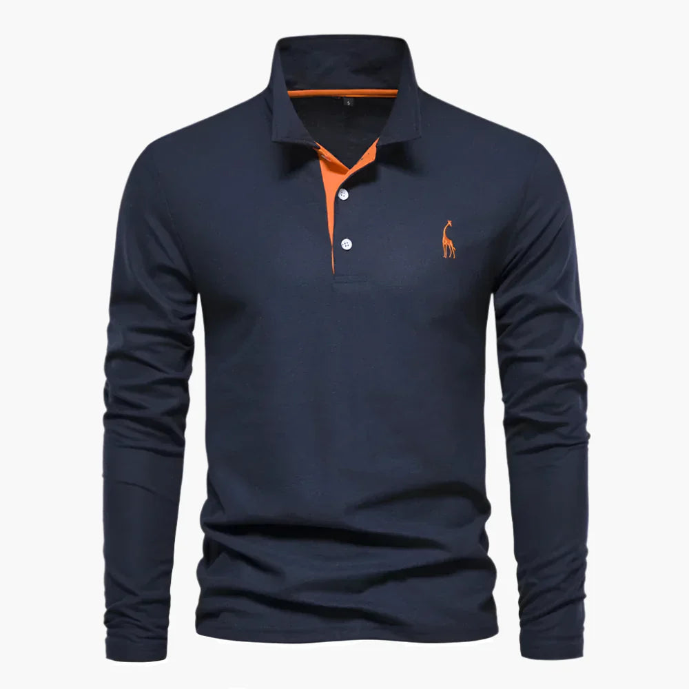 Men's Long Sleeve Polo Shirt - 3 Button Placket Embroidered Motif