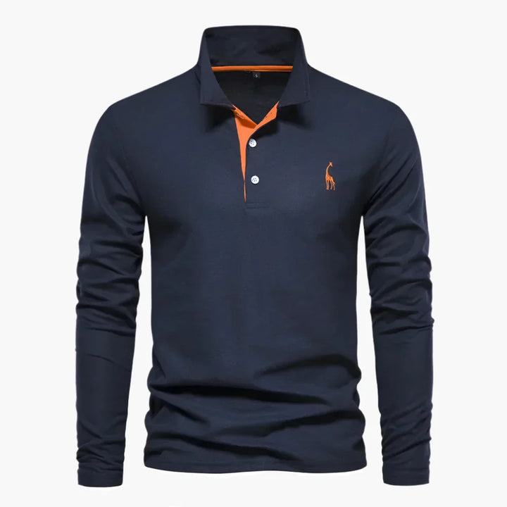 Men's Long Sleeve Polo Shirt - 3 Button Placket Embroidered Motif