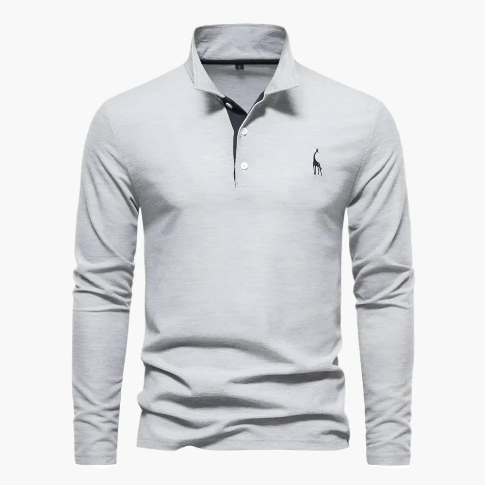 Men's Long Sleeve Polo Shirt - 3 Button Placket Embroidered Motif