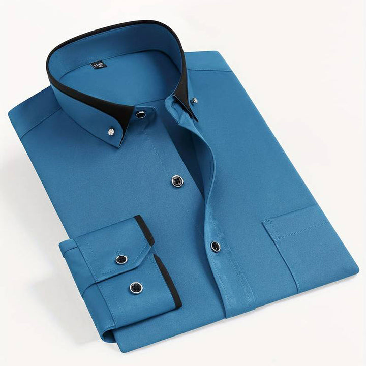 Men's Long Sleeve Shirt - Contrast Trim Button-Down Collar