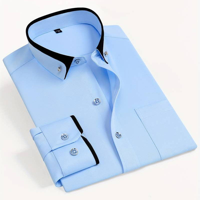 Men's Long Sleeve Shirt - Contrast Trim Button-Down Collar
