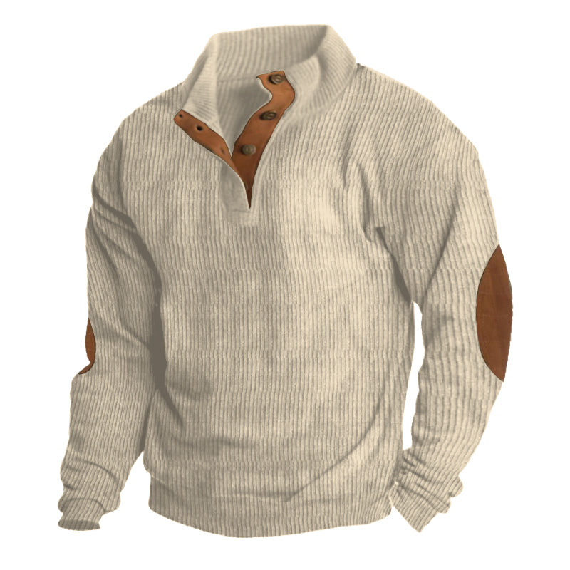 Men's Ribbed Knit Quarter Zip Sweater - Elbow Patch Stand Collar Pullover