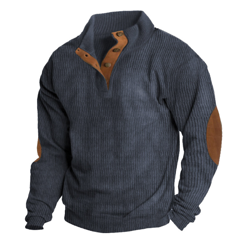 Men's Ribbed Knit Quarter Zip Sweater - Elbow Patch Stand Collar Pullover