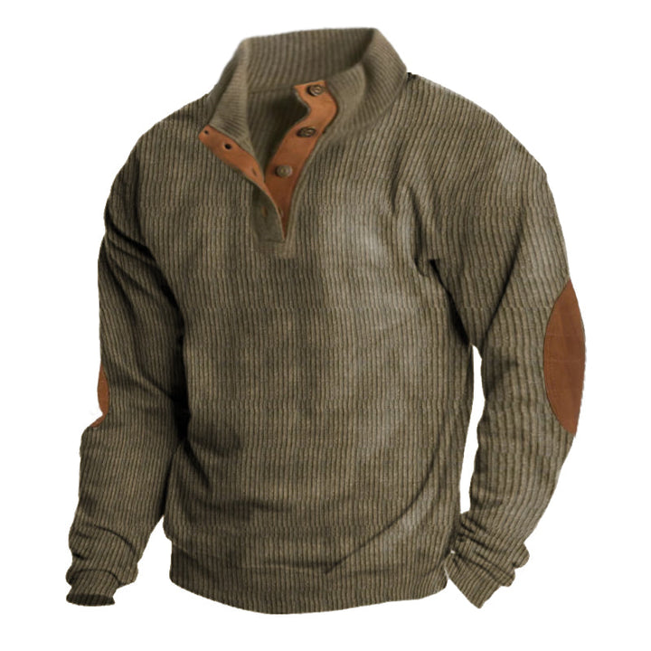 Men's Ribbed Knit Quarter Zip Sweater - Elbow Patch Stand Collar Pullover