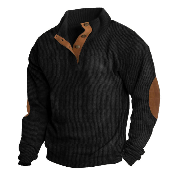 Men's Ribbed Knit Quarter Zip Sweater - Elbow Patch Stand Collar Pullover