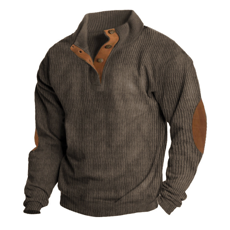 Men's Ribbed Knit Quarter Zip Sweater - Elbow Patch Stand Collar Pullover