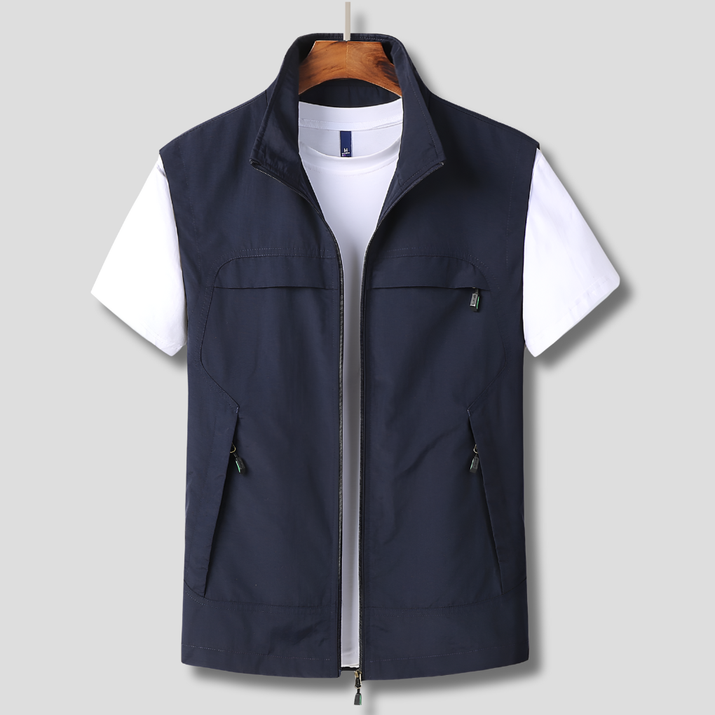 Men's Utility Vest - Zip Front Stand Collar Multi Pocket