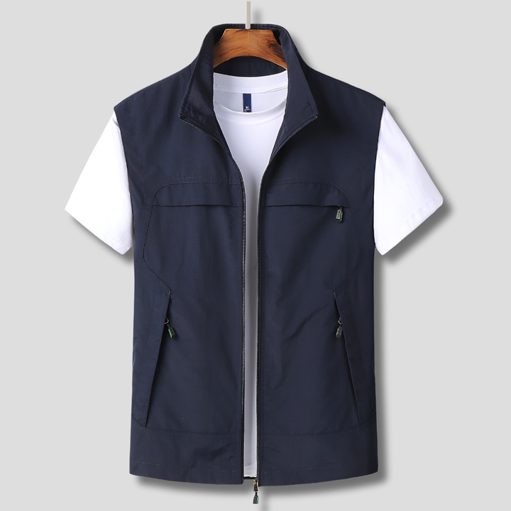 Men's Utility Vest - Zip Front Stand Collar Multi Pocket