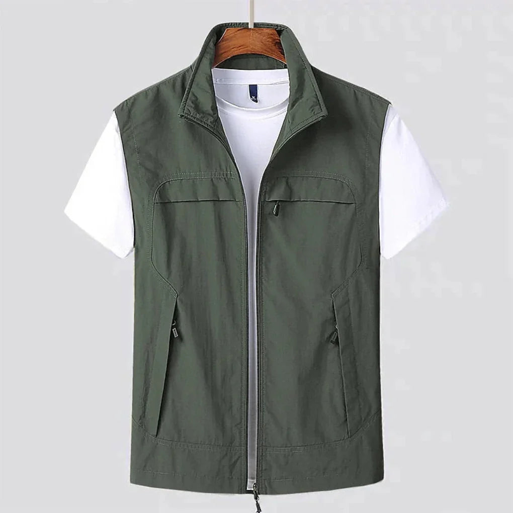 Men's Utility Vest - Zip Front Stand Collar Multi Pocket