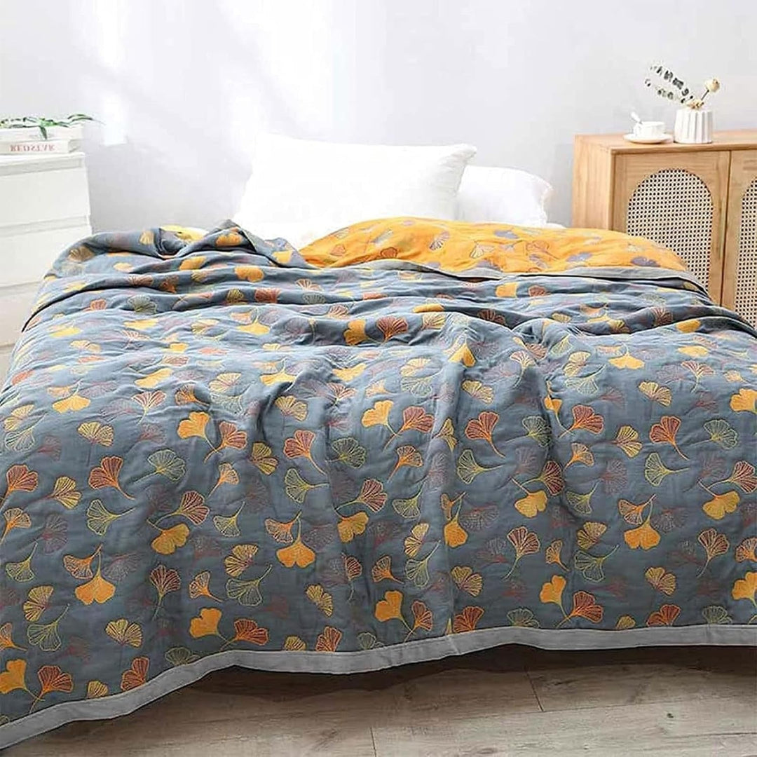 Reversible Bed Quilt Coverlet - Ginkgo Leaf Print