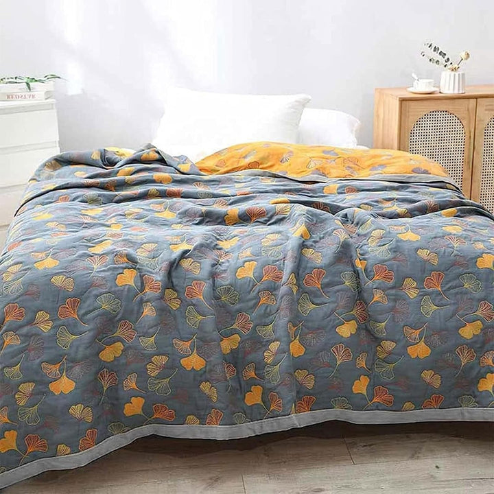 Reversible Bed Quilt Coverlet - Ginkgo Leaf Print