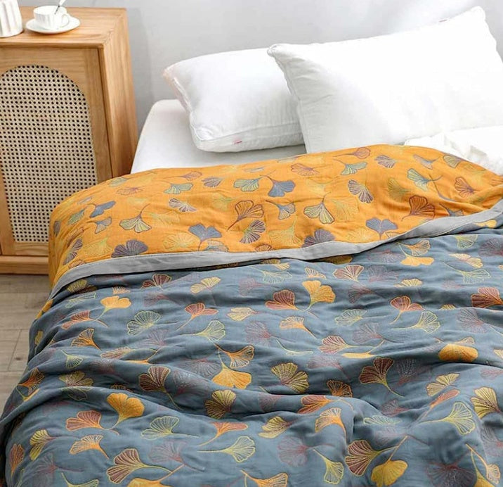 Reversible Bed Quilt Coverlet - Ginkgo Leaf Print