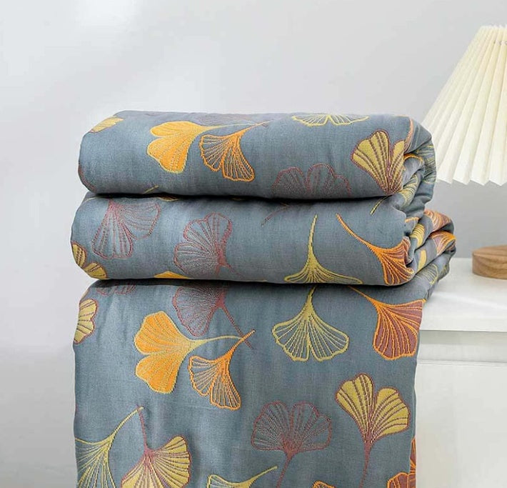Reversible Bed Quilt Coverlet - Ginkgo Leaf Print