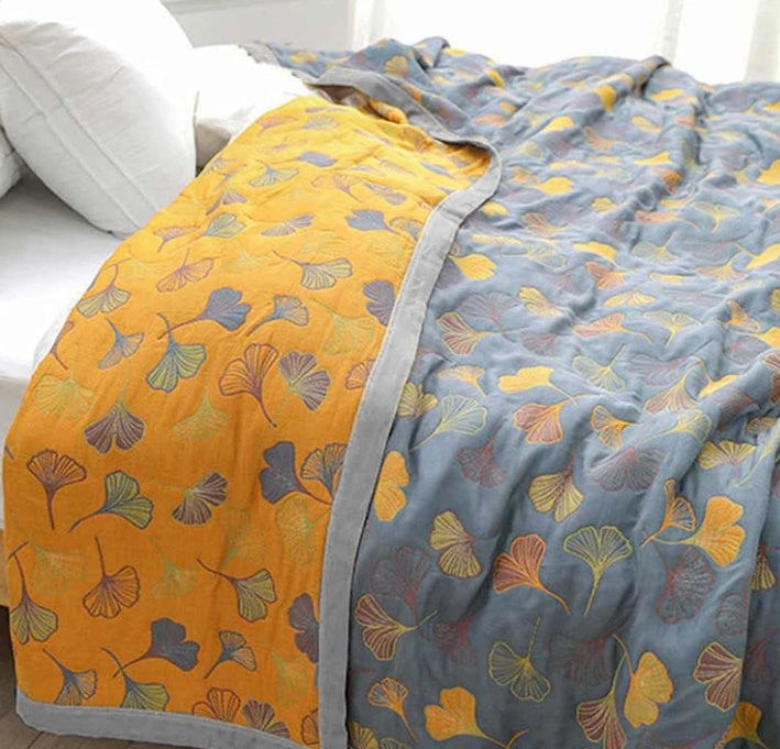 Reversible Bed Quilt Coverlet - Ginkgo Leaf Print
