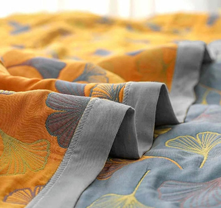 Reversible Bed Quilt Coverlet - Ginkgo Leaf Print