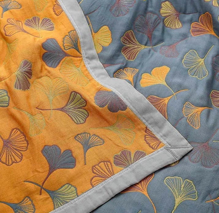 Reversible Bed Quilt Coverlet - Ginkgo Leaf Print