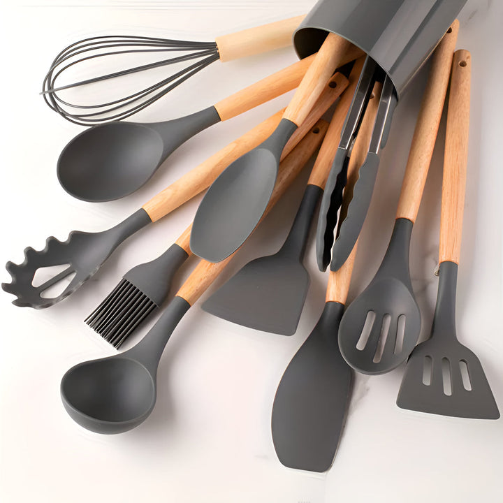 Silicone Kitchen Utensil Set - Wooden Handles