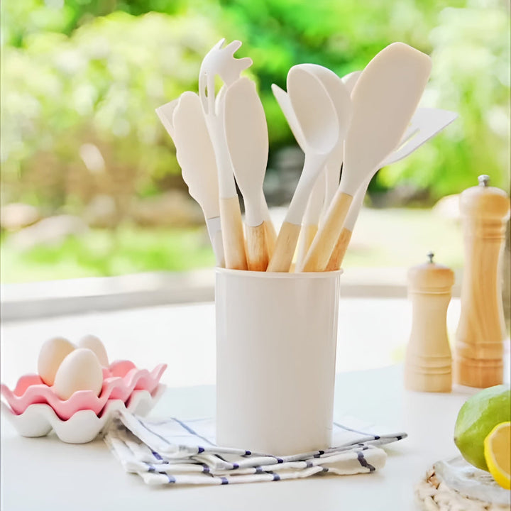 Silicone Kitchen Utensil Set - Wooden Handles