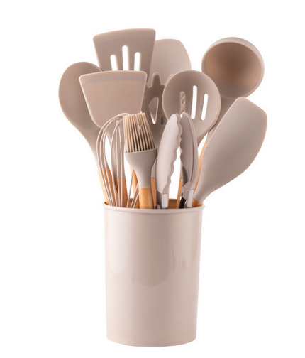 Silicone Kitchen Utensil Set - Wooden Handles