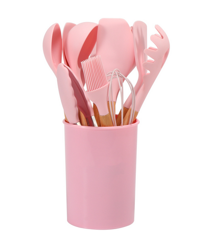 Silicone Kitchen Utensil Set - Wooden Handles