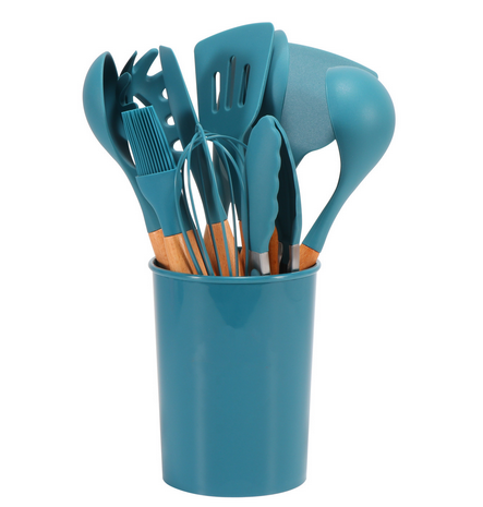 Silicone Kitchen Utensil Set - Wooden Handles