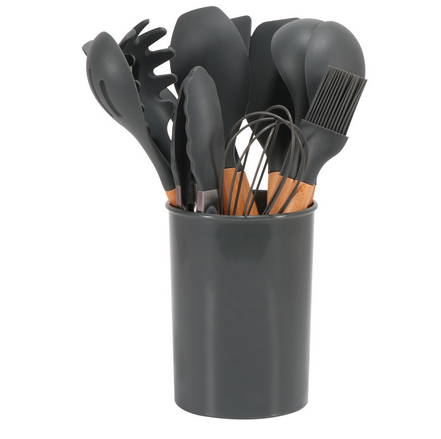 Silicone Kitchen Utensil Set - Wooden Handles