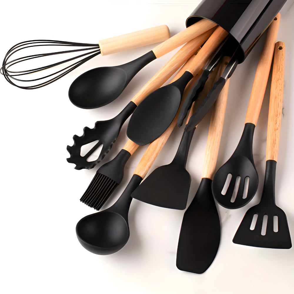 Silicone Kitchen Utensil Set - Wooden Handles