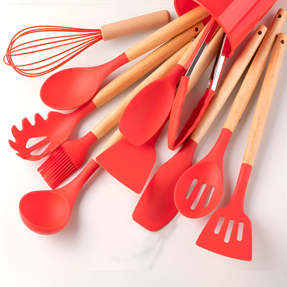 Silicone Kitchen Utensil Set - Wooden Handles