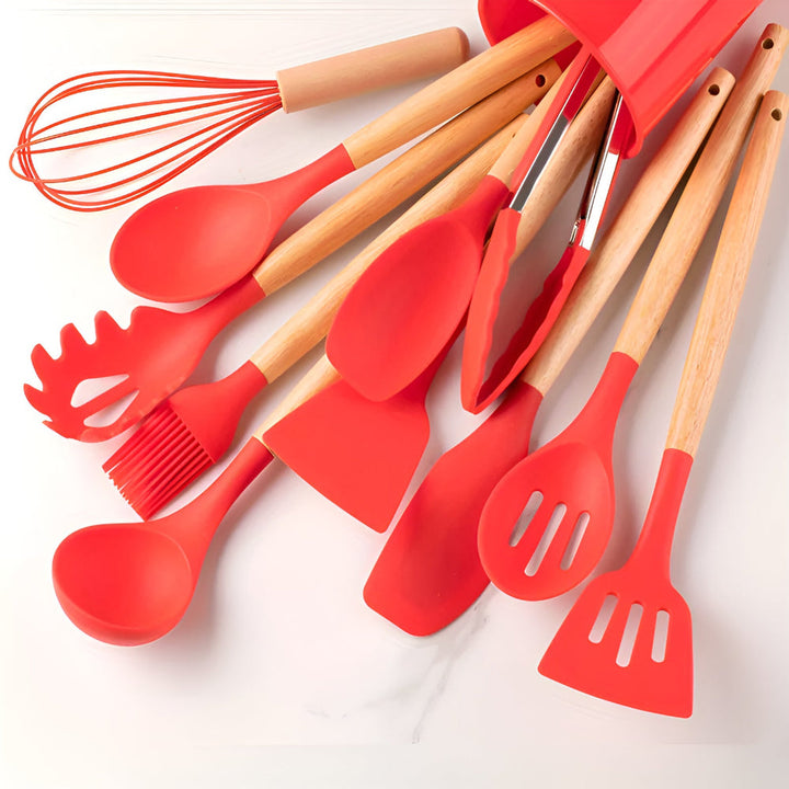 Silicone Kitchen Utensil Set - Wooden Handles