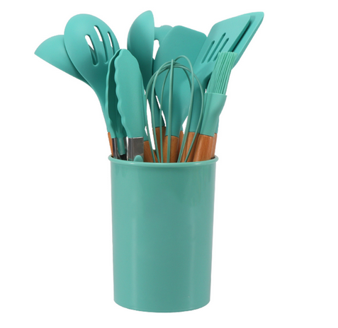 Silicone Kitchen Utensil Set - Wooden Handles