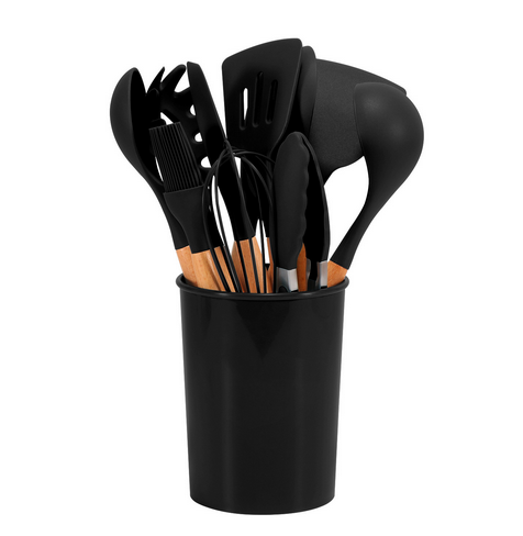 Silicone Kitchen Utensil Set - Wooden Handles
