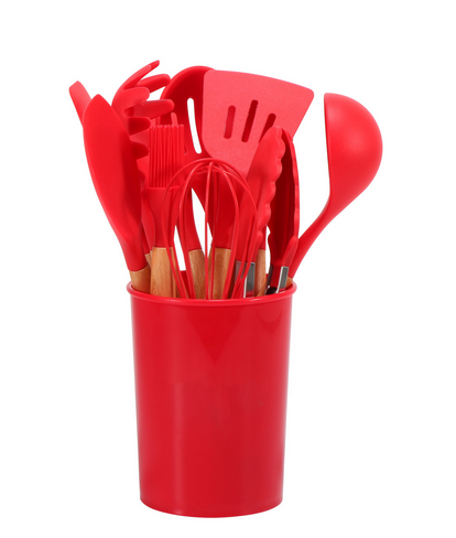 Silicone Kitchen Utensil Set - Wooden Handles
