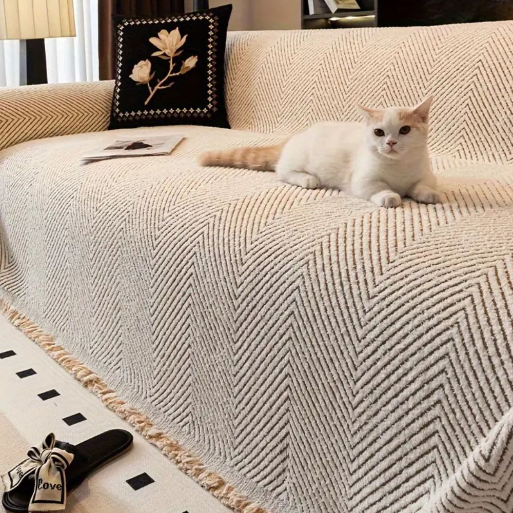 Sofa Throw Cover - Chevron Knit with Fringe Trim