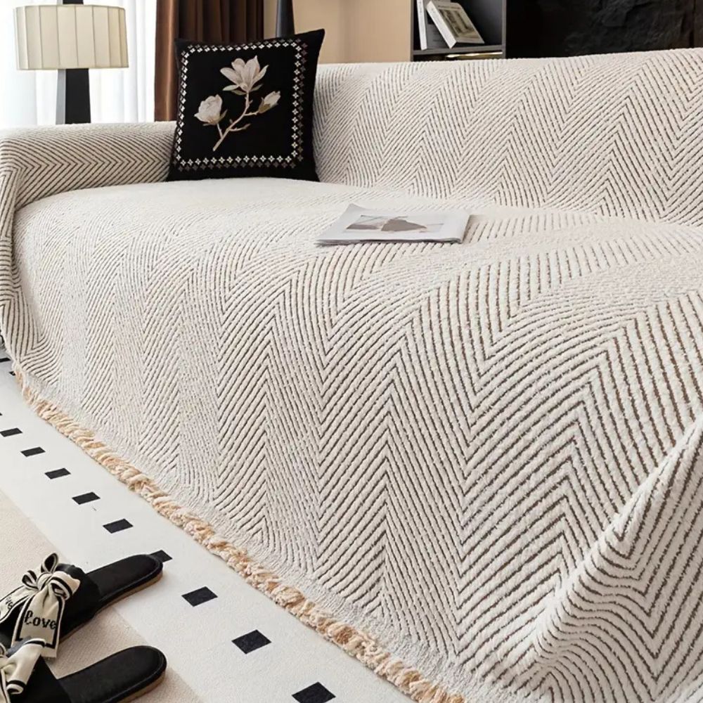 Sofa Throw Cover - Chevron Knit with Fringe Trim