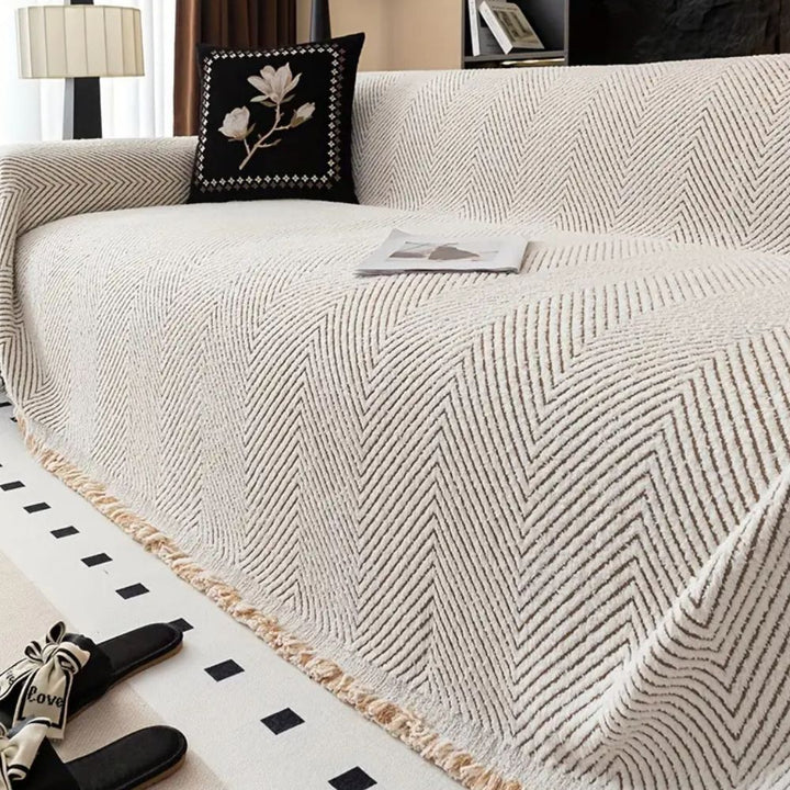 Sofa Throw Cover - Chevron Knit with Fringe Trim