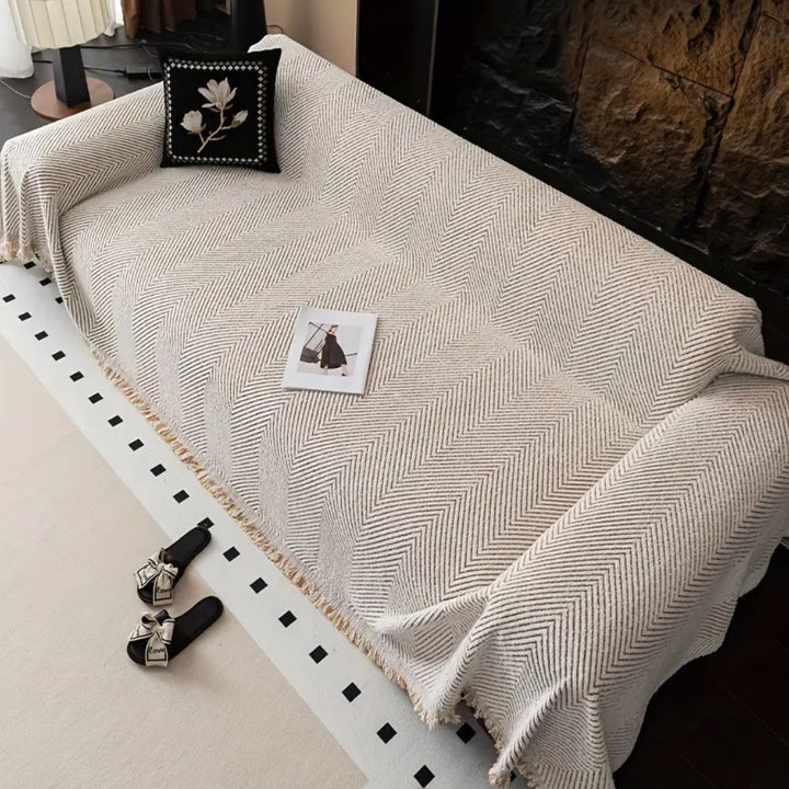 Sofa Throw Cover - Chevron Knit with Fringe Trim