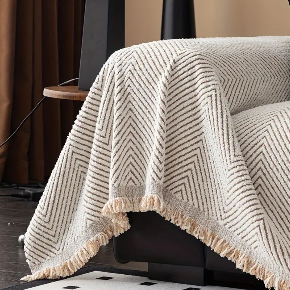 Sofa Throw Cover - Chevron Knit with Fringe Trim