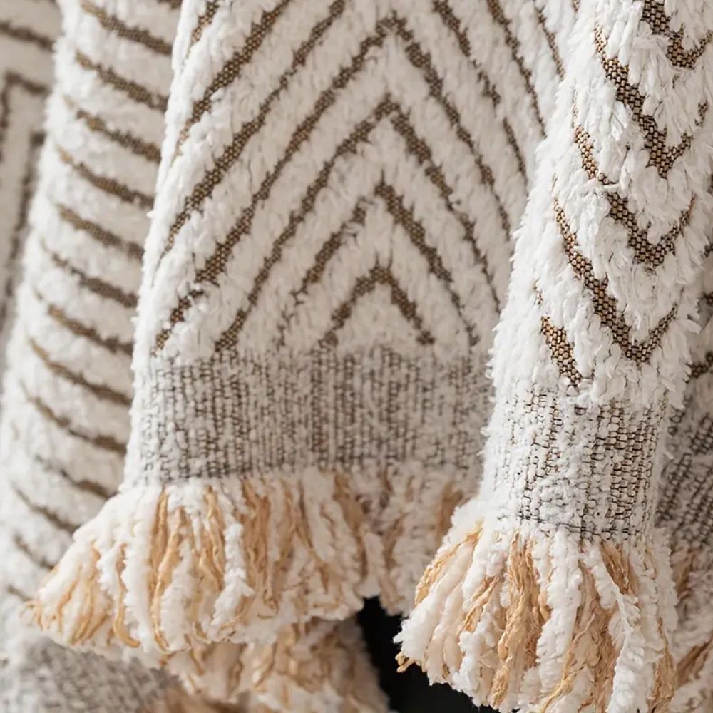 Sofa Throw Cover - Chevron Knit with Fringe Trim
